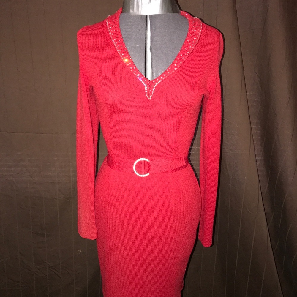 Red Michael St. George Formfitting Knit Suit M395